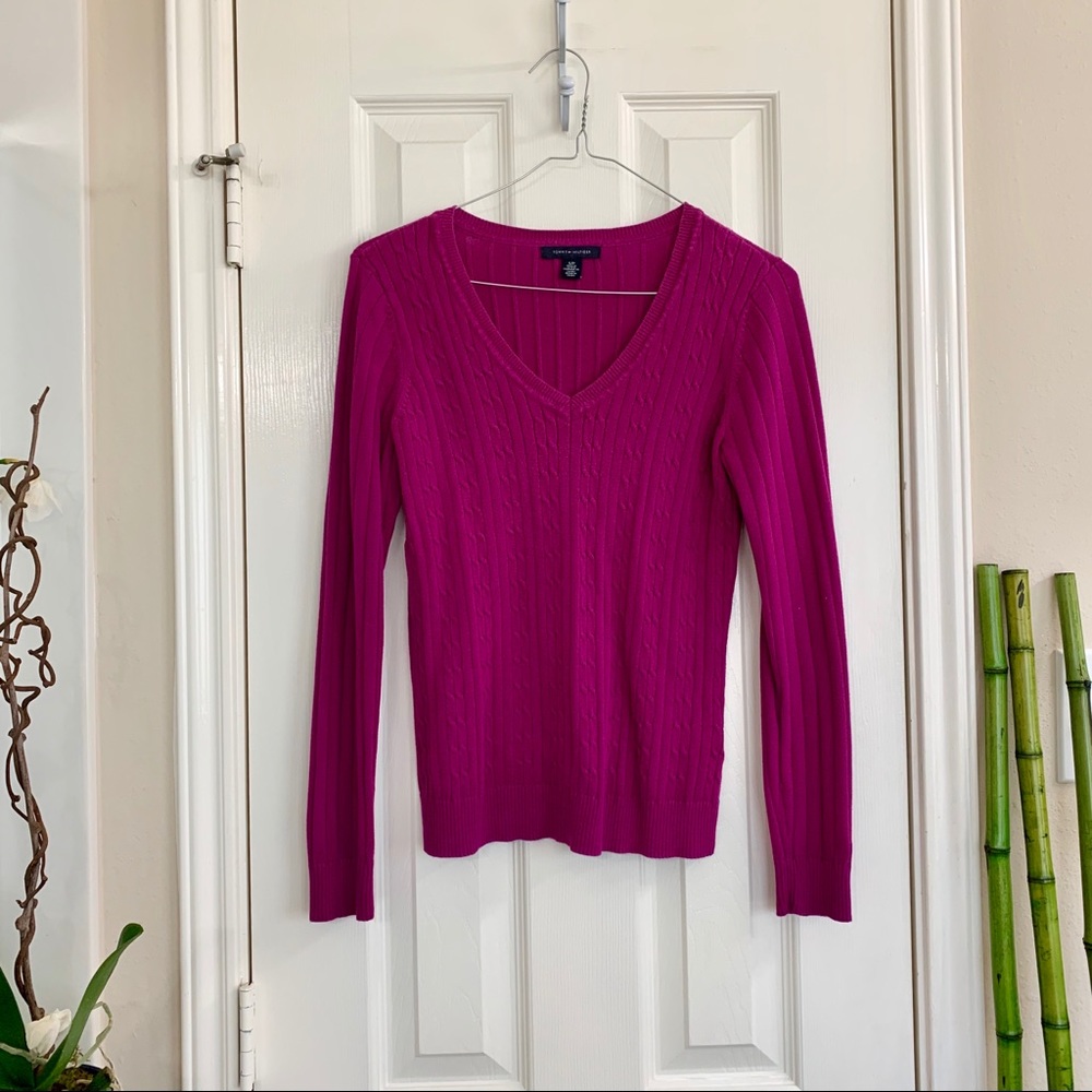 Tommy Hilfiger Fuschia V-neck Ribbed Sweater